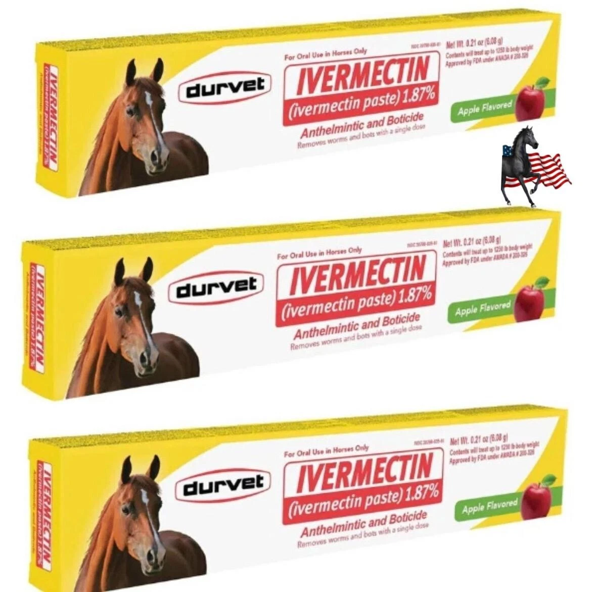3 Pack Paste Horse Dewormer Apple Flavor Exp 10/2027 dur-vet wormer